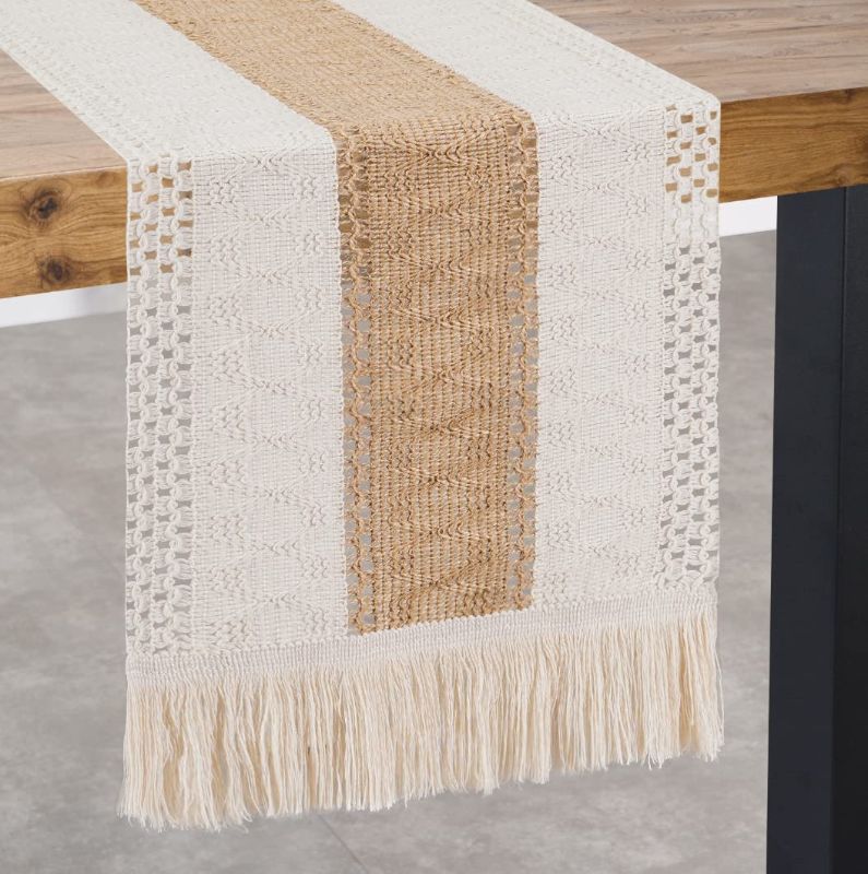 Photo 1 of 2 Pocass Table Runner Braided Farmhouse Table Runners, 12x72 inch, Natural Splicing Cotton Linen Table Runner with Tassels, Rustic Table Runner for Wedding Home Dining Table
