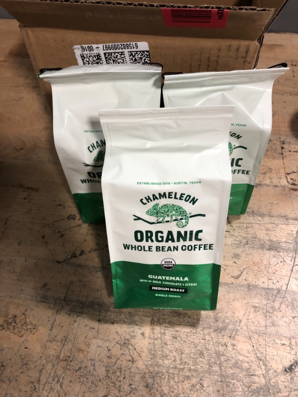 Photo 2 of *EXPIRES July 2022*
Chameleon Organic Whole Bean Coffee, Medium Roast Guatemala, 100% Arabica, 3 bags (9 oz each)
