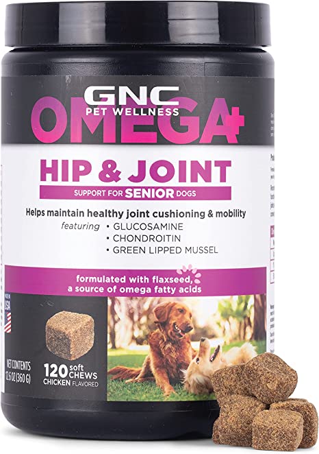 Photo 1 of *EXPIRES Feb 2024*
GNC Pets Omega Hip & Joint Dog Supplements for Senior Dogs with Omega Fatty Acids & Flaxseed, 120 ct | Chicken Flavor Soft Chews with Glucosamine, Chondroitin Sulfate, & Green Lipped Mussel
