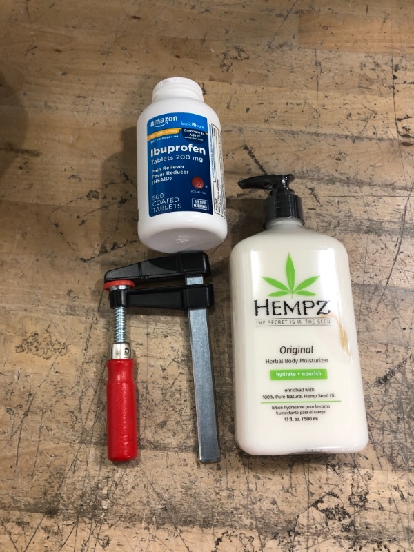 Photo 1 of *EXPIRES May 2023*
Miscellaneous Bundle (clamp, 17 oz hempz body lotion and 500 ct 200mg ibuprofen)
