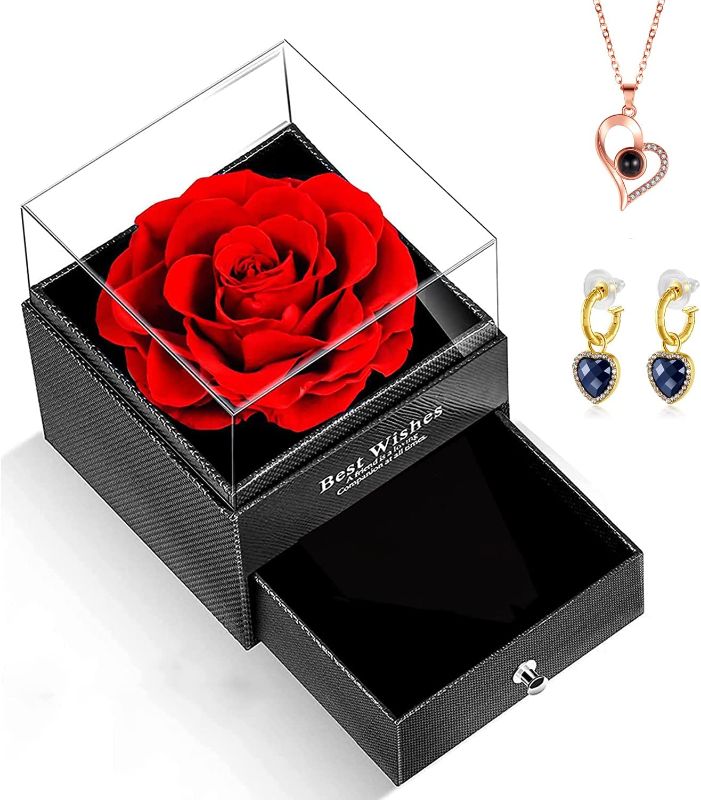 Photo 1 of Mothers Day Gifts, Real Rose Fresh Flower with Forever Love Heart Necklace and Earrings Jewelry Gift Set, for Mom Wife Girlfriend Her on Mothers Day Anniversary Birthday Gifts (Red)