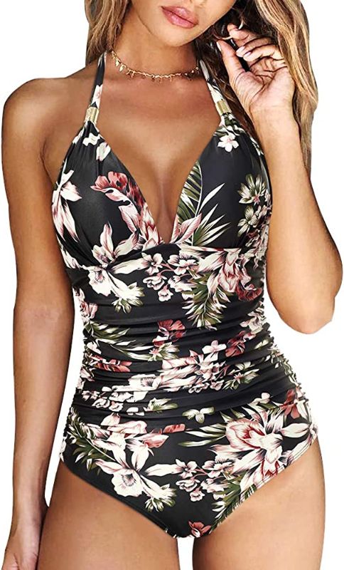 Photo 1 of RXRXCOCO Women V Neck One Piece Swimsuits Tummy Control Ruched Swimwear Halter Bathing Suit Large