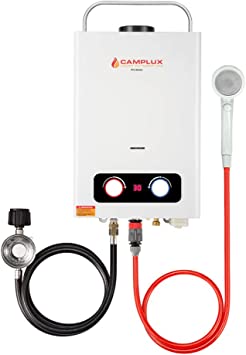 Photo 1 of Camplux Pro 1.58 GPM Tankless Propane Water Heater, Outdoor Propane Gas Water Heater with Portable Handle, Portable Gas Water Heater for Camping,Cabins,White
