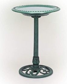 Photo 1 of Alpine Corporation 28" Tall Outdoor Birdbath with Scrollwork Decoration Yard Statue Green 