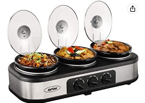 Photo 1 of Slow Cooker, Triple Slow Cooker Buffet Server 3 Crock Food Warmer Pot , 3-Section 1.5-Quart Oval Slow Cooker Buffet Food Warmer Adjustable Temp Lid Rests Stainless Steel with 3 Spoons?Total 4.5 QT