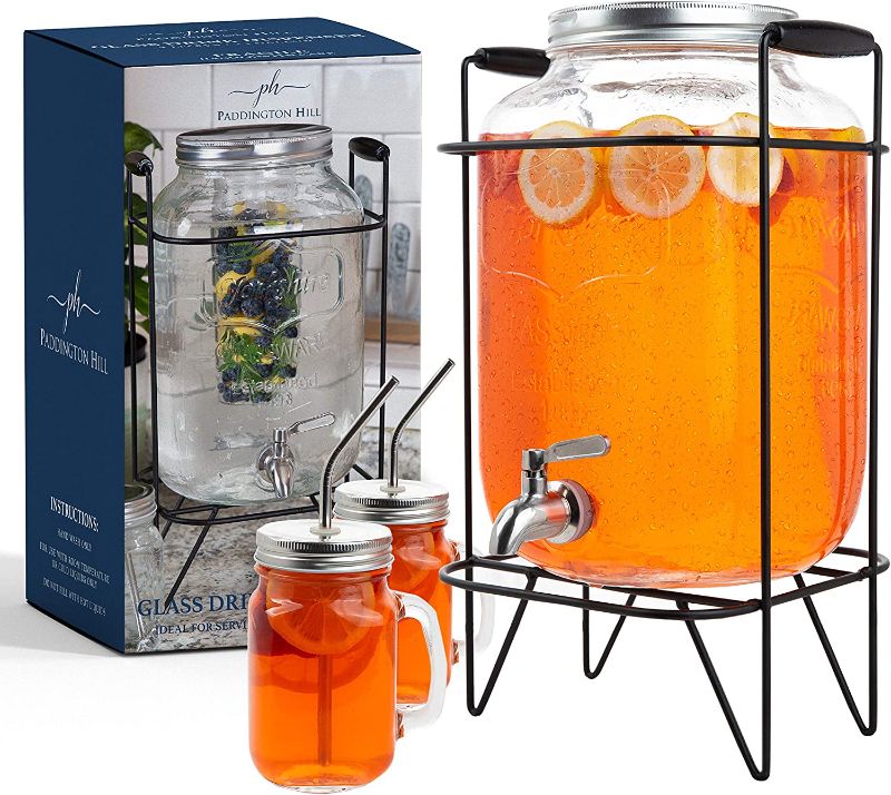 Photo 1 of 2 gallon glass drink dispenser with stand and 2 mason jars and stainless steel spigot and fruit infuser beverage dispenser drink dispenser for parties drink dispenser with spigot
