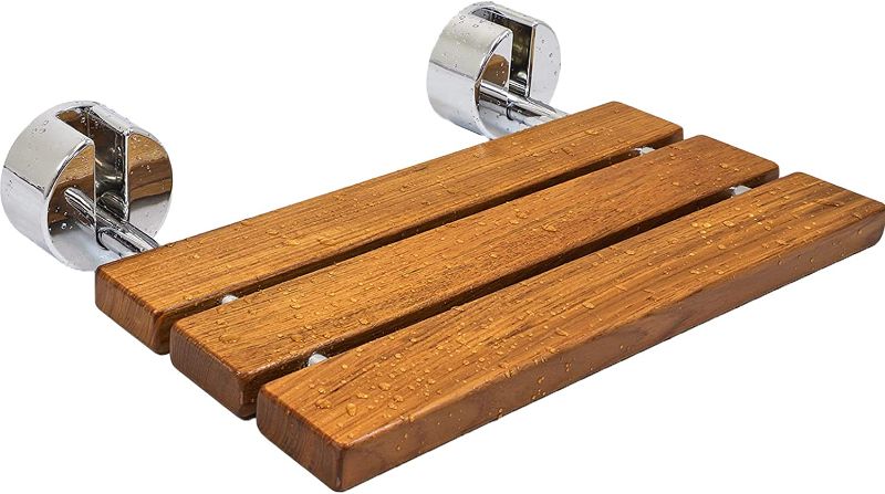 Photo 1 of 20" Teak Wood Modern Folding Shower Seat Bench, Clear Coated for Protection and Premium Smooth Finish, Medical Wall Mount Foldable Fold Up Chair Bathroom Stool Foldaway Shower Seating
