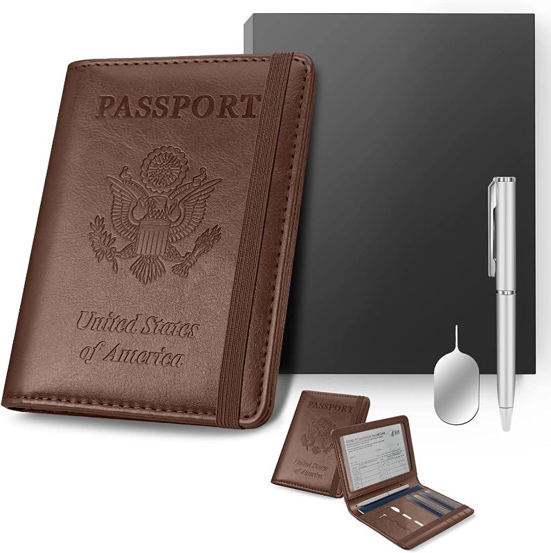 Photo 1 of 2 pack - Wotec Passport Holder with CDC Vaccination Card Protector Slot, RFID Blocking, 4 Card Slot with Pen and SIM Card Tray Pin, Brown

