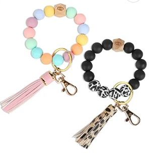 Photo 1 of 2 Pack Keychain Bracelet Silicone Wristlet Stretchy, Key Ring Bracelets with Leather Tassel for Women, Cute Women Beaded Bangle Keychain Wristlet Leather Tassel
