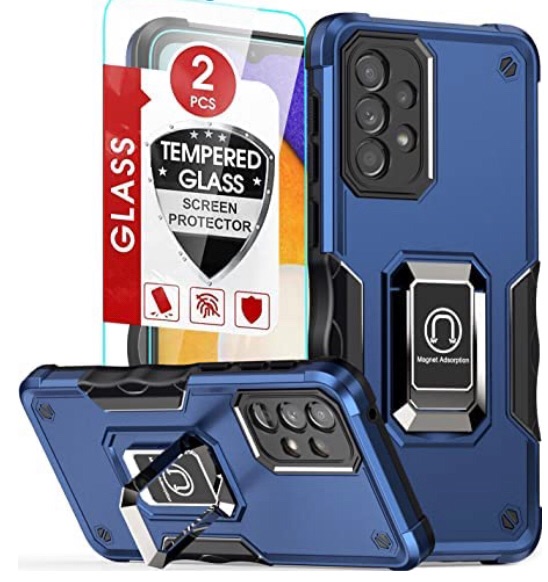 Photo 1 of 2 pack - Amytor Samsung Galaxy A33 5G Case, A33 5G Phone Case with [2 Pack] Tempered Glass Screen Protector, [Military-Grade] Defender Case with Ring Holder Kickstand for Samsung A33 5G (Blue)