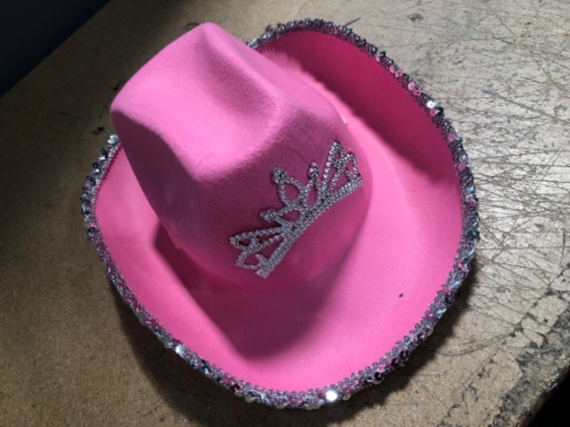 Photo 3 of Pink Cowgirl Hat, Sparkly Crown Cow girl Hat, Sequined and Plush Embellished Hat