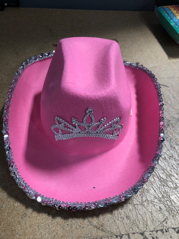 Photo 2 of Pink Cowgirl Hat, Sparkly Crown Cow girl Hat, Sequined and Plush Embellished Hat