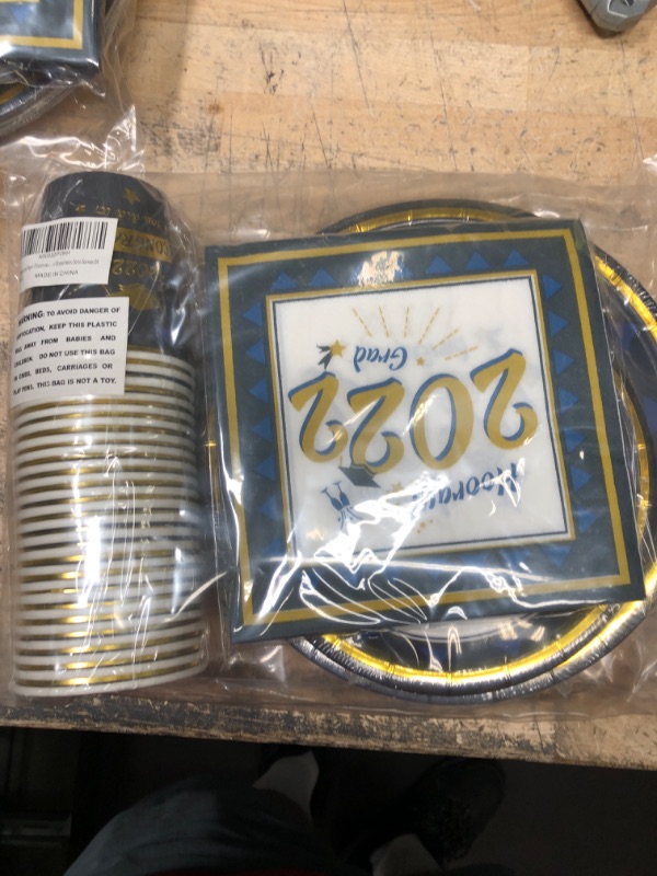 Photo 1 of Graduation Paper Plates and Napkins Cups Sets Blue and Gold 2022 Graduation Party Supplies Disposable Dinnerware Sets Serves 24