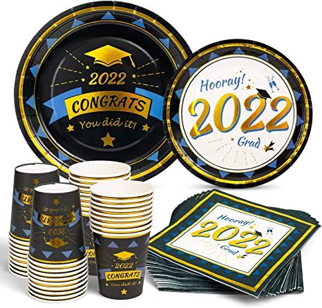 Photo 1 of Graduation Paper Plates and Napkins Cups Sets Blue and Gold 2022 Graduation Party Supplies Disposable Dinnerware Sets Serves 24