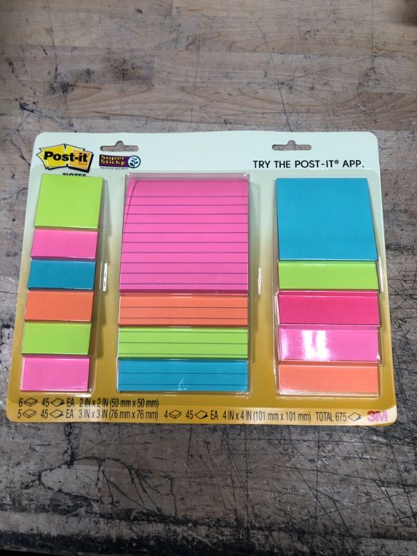 Photo 2 of Post-it Super Sticky Notes, Assorted Sizes, 15 Pads, 2x the Sticking Power, Miami Collection, Neon Colors (Orange, Pink, Blue, Green), Recyclable (4423-15SSMIA)