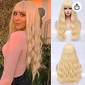 Photo 1 of Kreesi Women's Long Blonde Wavy Wig Fluffy Curly Wavy Wigs with Air Bangs Heat Friendly Synthetic 30" 613 Long Blonde Wig for Women Christmas Halloween Cosplay Party Wigs
