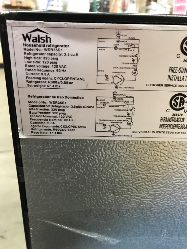 Photo 3 of **PARTS ONLY*** Walsh WSR35S1 Compact Refrigerator, Single Door Fridge, Adjustable Mechanical Thermostat with Chiller, Reversible Doors, 3.5 Cu.Ft, Stainless Steel Look
