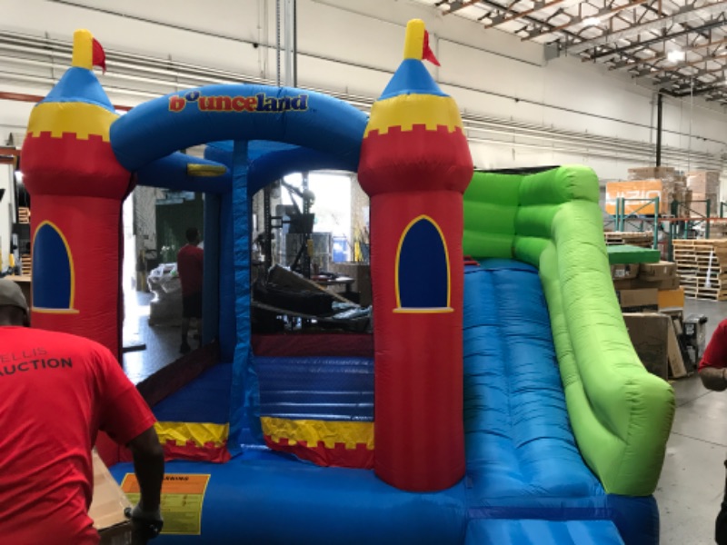 Photo 7 of Bounceland Royal Palace Inflatable Bounce House, with Long Slide, Large Bouncing Area, Basketball Hoop and Sun Roof, 13 ft x 12 ft x 9 ft H, UL Strong Certified Blower, Castle Kids Party Theme
