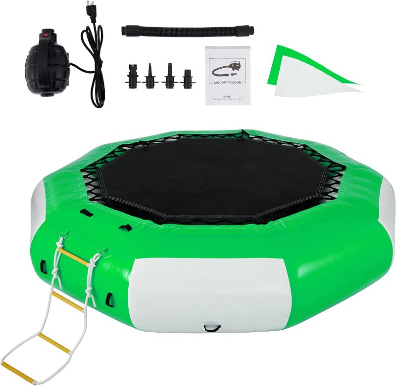 Photo 1 of *PARTS ONLY* Happybuy Inflatable Water Trampoline 10FT , Round Inflatable Water Bouncer with 4-Step Ladder, Water Trampoline in Green and White for Water Sports.
