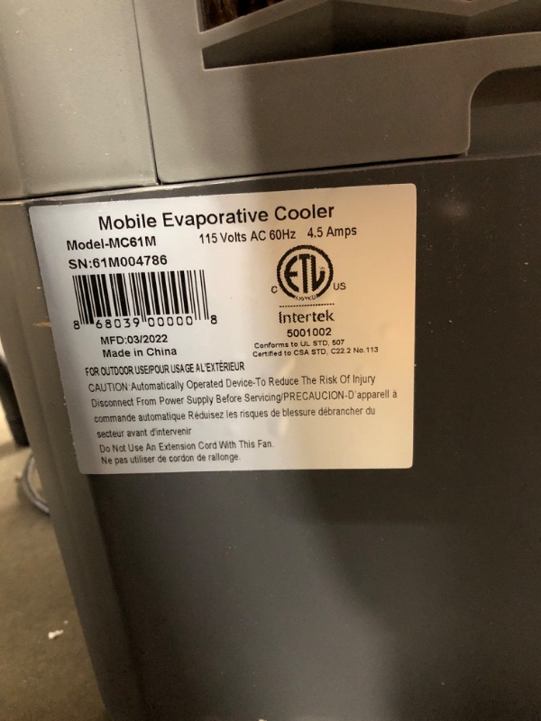 Photo 4 of ***Damaged Motor* POERS ON DOESNT TURN*Hessaire MC61M Evaporative Cooler, 5,300 CFM, Gray
