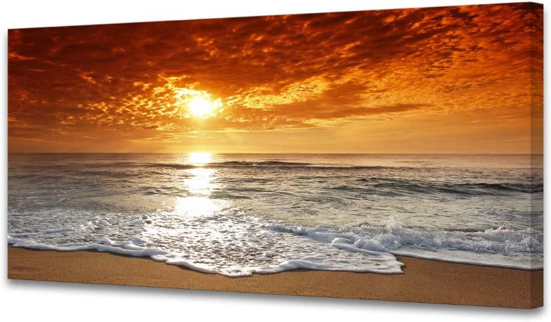 Photo 1 of **DAMAGED** Muolunna S04675 Canvas Prints Wall Art Sunset Ocean Beach Pictures Photo Paintings for Living Room Bedroom Home Decorations Stretched and Framed Ready to Hang Seascape Waves Artwork 30x60inch
