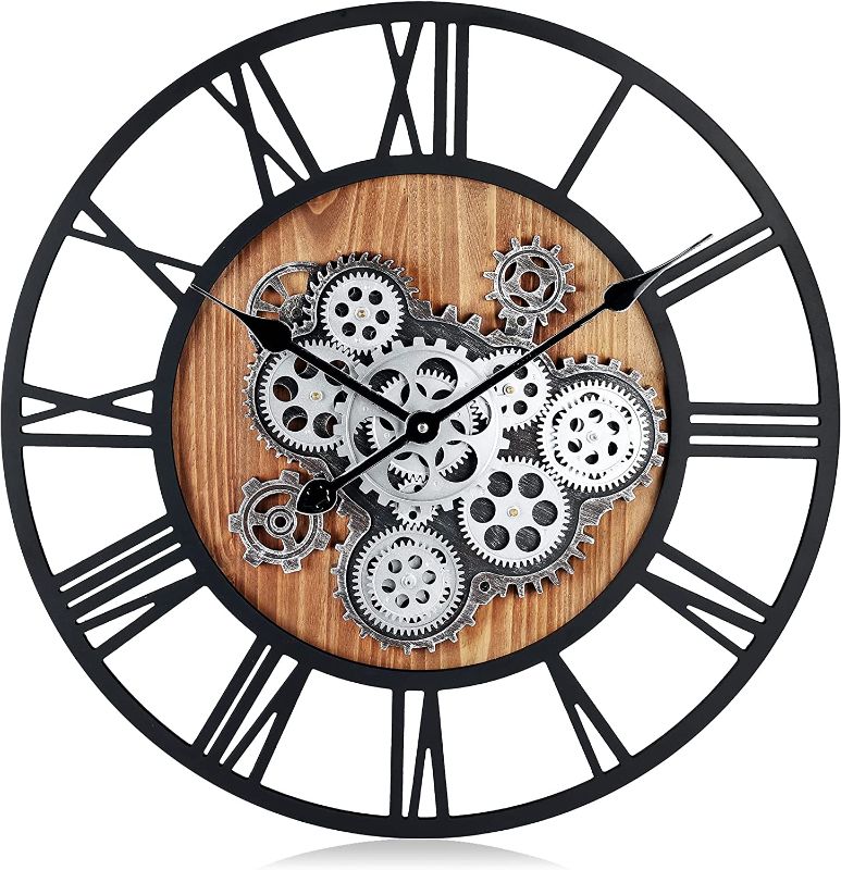 Photo 1 of **DAMAGED** Lafocuse 23 Inch Wooden Real Moving Gear Wall Clock Black, Large Industrial Steampunk Clock with Rotating Gear
