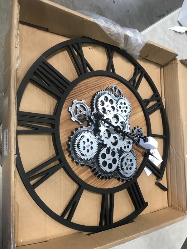 Photo 2 of **DAMAGED** Lafocuse 23 Inch Wooden Real Moving Gear Wall Clock Black, Large Industrial Steampunk Clock with Rotating Gear
