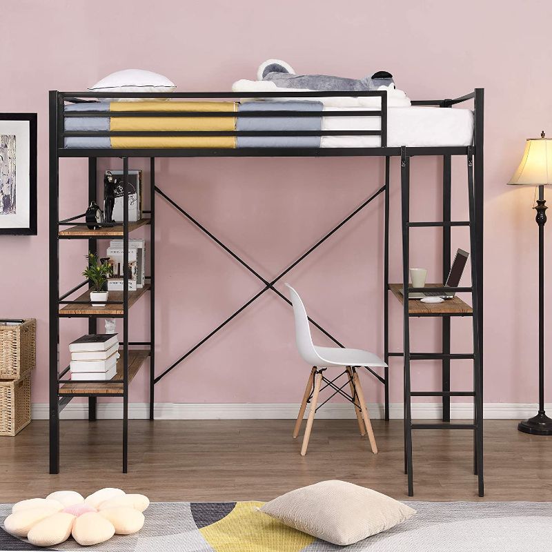 Photo 1 of **MISSING  PARTS** Metal Loft Bed with Desk, Twin Bed Frame with 3-tire Shelves, Full-Length Guardrails for Kids, Teens, Adults,No Spring Box Required (Black)
