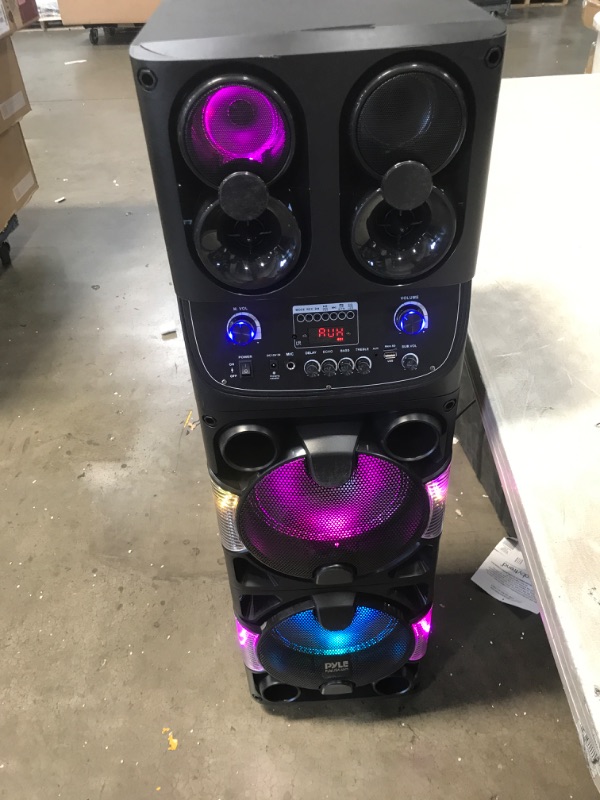 Photo 4 of **DAMAGED* MISSING PARTS* Portable Bluetooth PA Speaker - 600W Dual 10” Rechargeable Outdoor BT Karaoke Audio System - Party Lights, LED Display, FM/AUX/MP3/USB/SD, 1/4" in, Handle, Wheels - Wireless Mic, Remote Control
