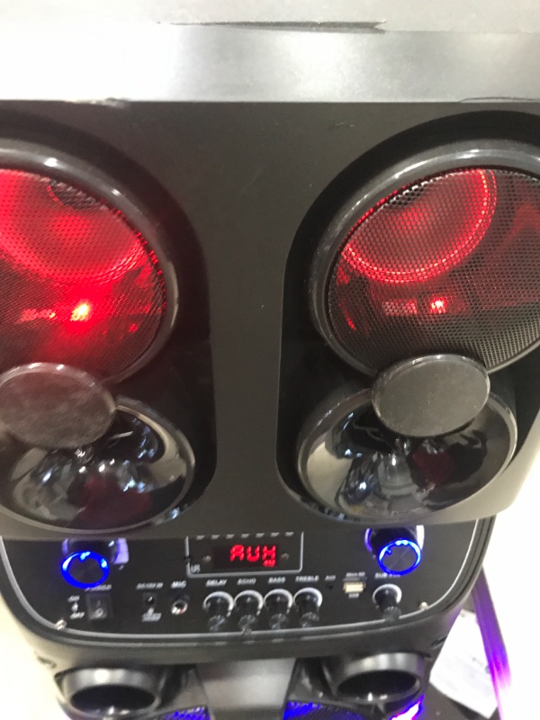 Photo 3 of **DAMAGED* MISSING PARTS* Portable Bluetooth PA Speaker - 600W Dual 10” Rechargeable Outdoor BT Karaoke Audio System - Party Lights, LED Display, FM/AUX/MP3/USB/SD, 1/4" in, Handle, Wheels - Wireless Mic, Remote Control
