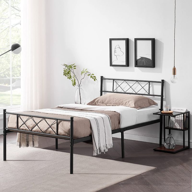 Photo 1 of **MISSING PARTS** VECELO Metal Platform Bed Frame Mattress Foundation with Headboard & Footboard/Firm Support & Easy Set up Structure, Twin, Black
