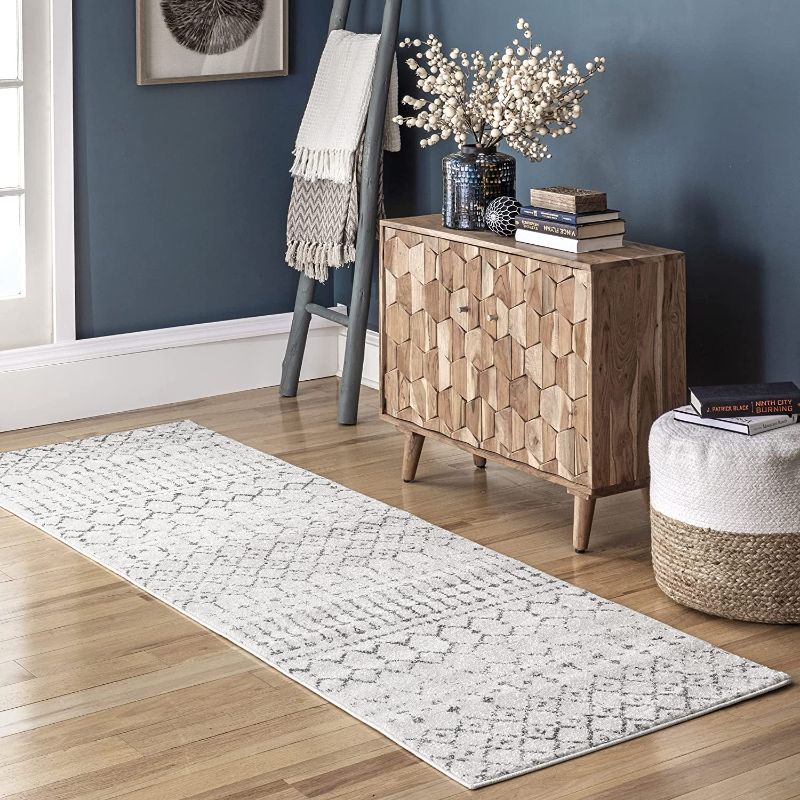Photo 1 of **SMALL STAINS** nuLOOM Moroccan Blythe Runner Rug, 2 ft 8 in x 8 ft, Grey/Off-white
