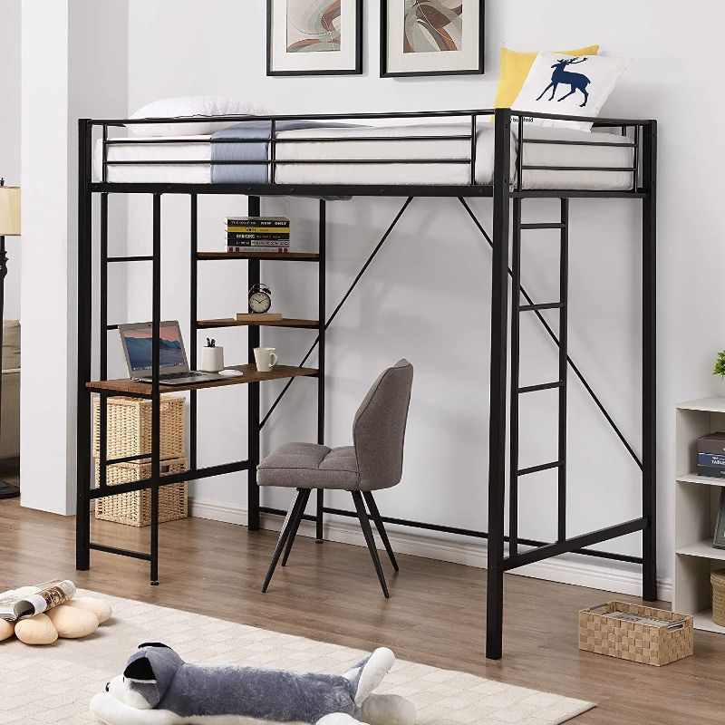 Photo 1 of *INCOMPLETE* Metal Loft Bed with Desk and Shelf, Twin Heavy Duty Loft Bed Full-Length Guardrail and Ladder for Kids, Teens and Adults (Black Stytle1)
