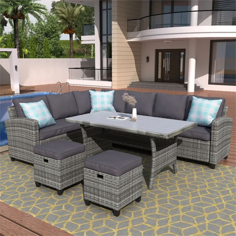 Photo 1 of ***MISSING COMPONENTS*** Patio Furniture Set, 5 Piece Outdoor Conversation Set All Weather Wicker Sectional Sofa Couch Dining Table Chair With Ottoman And Throw Pillows

