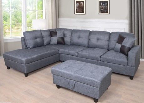 Photo 1 of **BOX 2 OF 3** MEGA Furnishing 3 PC Sectional Sofa Set, Gray Linen Lift -Facing Chaise with Free Storage Ottoman
