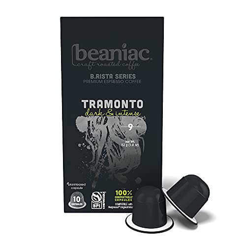 Photo 1 of ***Exp 06-24-2022**Beaniac B.RISTA Series Tramonto Dark Roast Espresso Capsules, Rainforest Alliance Certified, 60 Compostable Plant Based Espresso Capsules, Compatible
