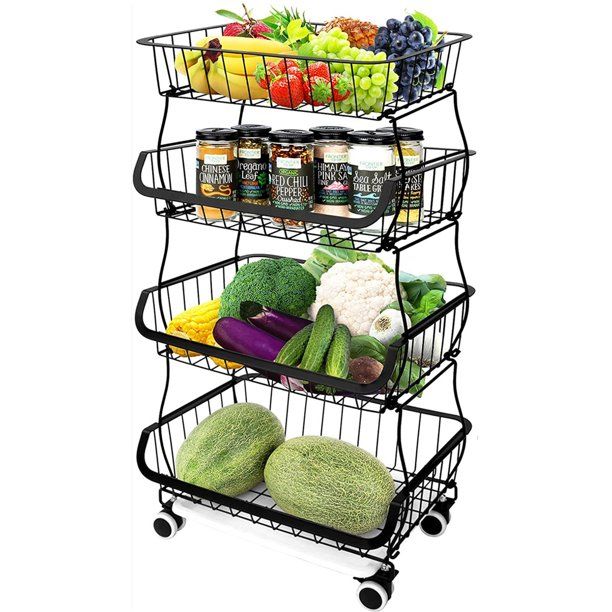 Photo 1 of **MISSING PARTS* MINOR DAMAGE* 4/5 Tier Fruit Baskets on Wheels, Market Basket Stand Rolling Stackable Baskets Metal Wire Basket with Wheels Stackable Storage Bins for Kitchen Living Room Bedroom and Bathroom
