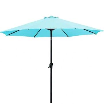 Photo 1 of **DAMAGED TO THREADS ON POLE** 11 ft. Market Outdoor Patio Umbrella with Push Button Tilt and Crank in Blue