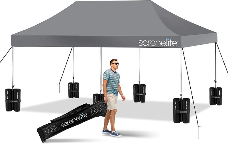 Photo 1 of ***MINOR DAMAGE* SereneLife SLGZ20GY Pop Commercial Instant Shelter-Waterproof Polyester Tent with Portable Wheeled Carry Sand Bag, 10 x 20 ft. (Gray), One Size
