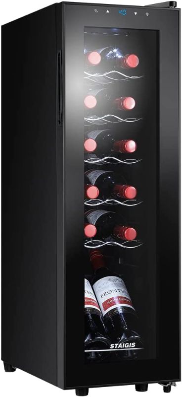 Photo 1 of **DAMAGED* NON FUNCTIONAL* STAIGIS Wine Cooler Refrigerator, Freestanding Wine Fridge w/ 12 Bottles Capacity & 40-66? Temperature Control, Mini Fridge with Glass Door
