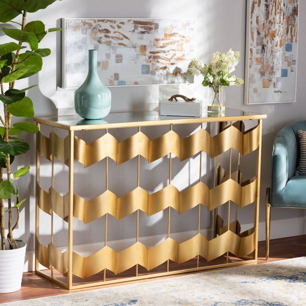 Photo 1 of ***MISSING HARDWARE** MINOR BENDS FROM SHIPPING** Baxton Studio Vega Glam and Luxe Gold Finished Metal and Mirrored Glass Geometric Console Table

