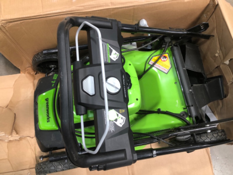 Photo 2 of **DAMAGED** Greenworks 40V 21" Brushless (Smart Pace) Self-Propelled Lawn Mower, 2 x 4Ah USB (Power Bank) Batteries and Charger Included MO40L4413
