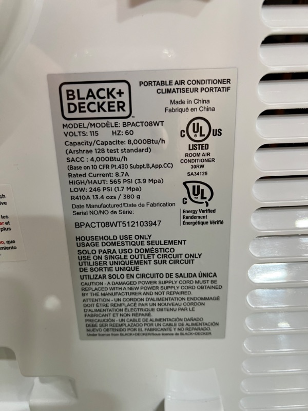 Photo 6 of BLACK+DECKER 8,000 BTU Portable Air Conditioner with Remote Control, White
