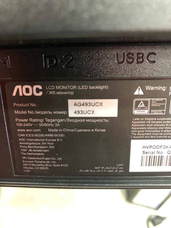 Photo 3 of AOC AGON Curved Gaming Monitor 49" (AG493UCX), Dual QHD 5120x1440 @ 120Hz, VA Panel, 1ms 120Hz Adaptive-Sync, 121% sRGB, Height Adjustable, 4-Yr Zero Dead Pixels Manufacturer Guarantee
