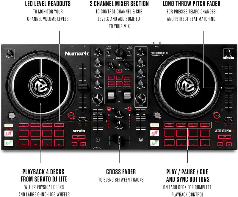 Photo 1 of DJ Controller Bundle - 2 Deck DJ Set with DJ Mixer, Audio Interface, Capacitive Jog Wheels, FX and DJ Headphones - Numark Mixtrack Pro FX and HF175
