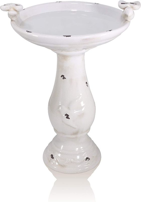 Photo 1 of Alpine Corporation TLR102LBR Alpine Pedestal Bath with 2 Figurines Antique Ceramic Birdbath with Birds, 24 Inch Tall, 19"L x 16"W x 25"H, Light Brown
