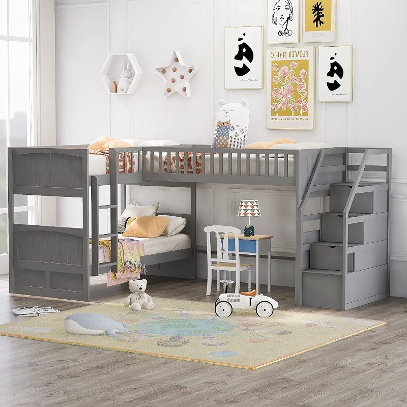 Photo 1 of **INCOMPLETE BOX 3 OF 3**Merax L-Shaped Triple Wood Bunk Beds with 3 Storage Drawers for Kids, Teens, Guests Loft, Twin Over Twin with Stairway, Gray
