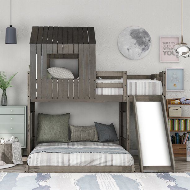 Photo 1 of **INCOMPLETE BOX 1 OF 3***Twin Over Full Bunk Bed House Bed with Slide, Wood Loft Playhouse Bed Frame with Full-Length Guardrails & Side Ladder, for Boys Girls Bedroom Furniture, No Box Spring Needed, Antique Grey
