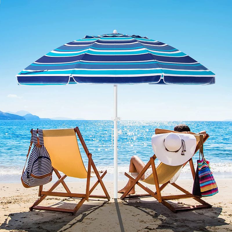 Photo 1 of Bumblr 6.5ft Beach Umbrella with Sand Anchor & Tilt Mechanism Heavy Duty Outdoor Sunshade Portable Umbrella with Carry Bag Wind Resistant UV Protection for Sand Beach Garden Outdoor, Blue White Stripe
