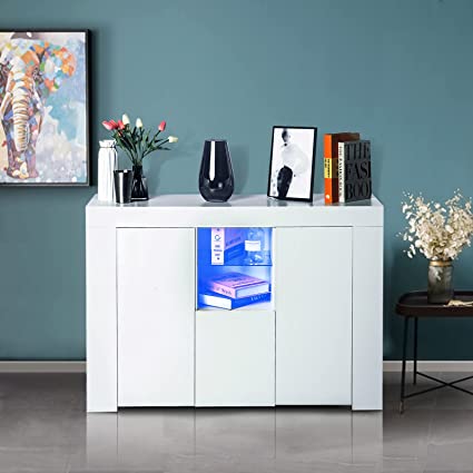 Photo 1 of **MISSING PARTS**

Takefuns High Gloss LED Sideboard, Modern Kitchen Buffet Cupboard Storag Cabinet Server Table with Open Shelf and 2 Doors, 16 Colors Adjustable for Living Room Hallway, White
